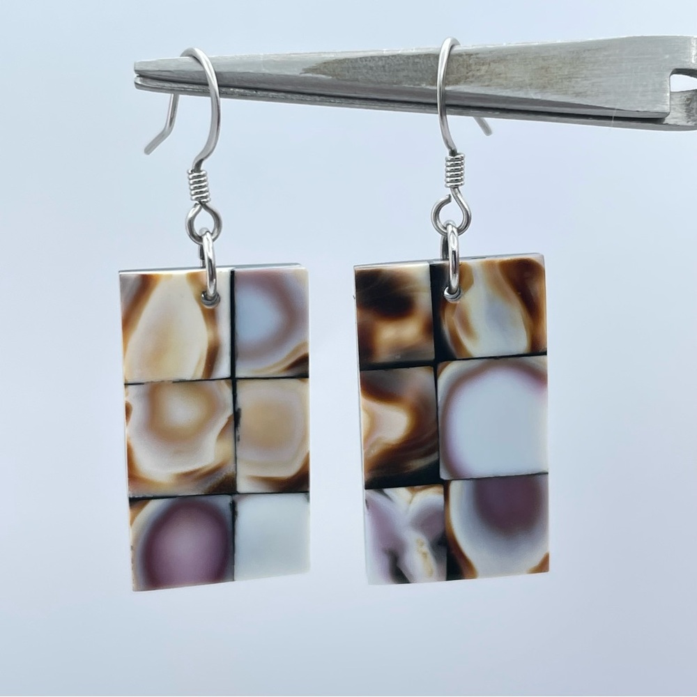 Boho Mosaic Shell Rectangle Earrings Brown White … - image 5